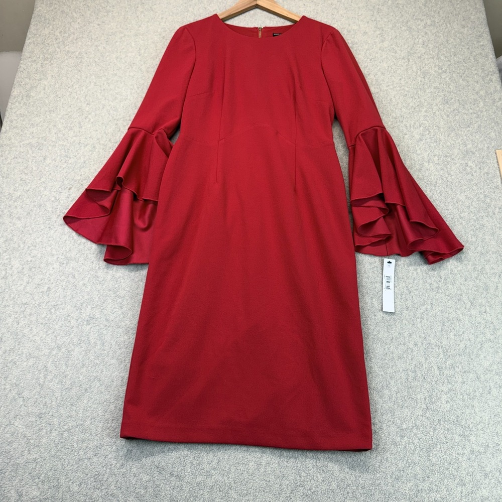 Maggy London Womens Scarlet Sheath Dress Red Ruffle Bell Sleeve Knee-Length 10